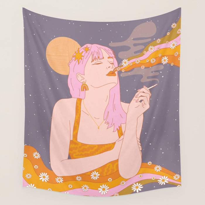 Woman Smoking Daisy Flowers Wall Tapestry Gallery Image 4