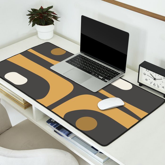 Mid-Century Modern Piquet Minimalist Abstract Pattern in Charcoal Gray, Muted Mustard Gold, and Cream Desk Mat Gallery Image 2