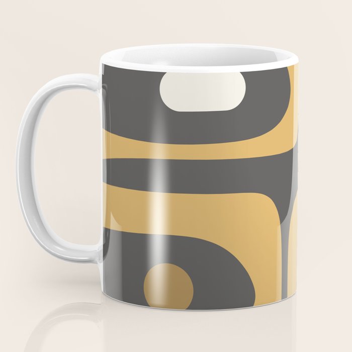 Mid-Century Modern Piquet Minimalist Abstract Pattern in Charcoal Gray, Muted Mustard Gold, and Cream Coffee Mug Gallery Image 3