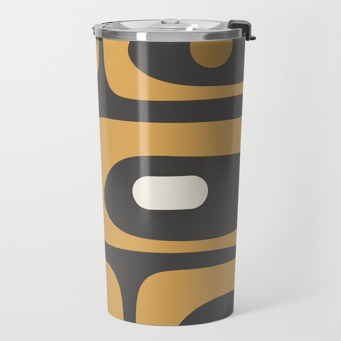 Mid-Century Modern Piquet Minimalist Abstract Pattern in Charcoal Gray, Muted Mustard Gold, and Cream Travel Mug Gallery Image 2