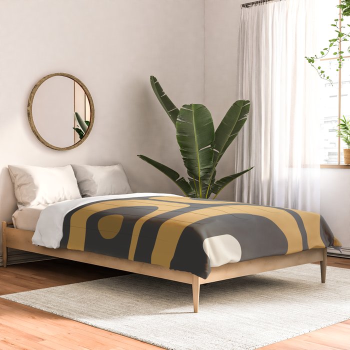 Mid-Century Modern Piquet Minimalist Abstract Pattern in Charcoal Gray, Muted Mustard Gold, and Cream Comforter Gallery Image 2