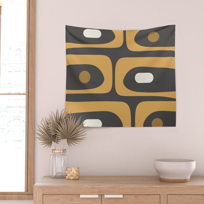 Mid-Century Modern Piquet Minimalist Abstract Pattern in Charcoal Gray, Muted Mustard Gold, and Cream Wall Tapestry Gallery Image 2