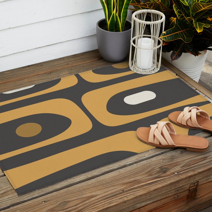 Mid-Century Modern Piquet Minimalist Abstract Pattern in Charcoal Gray, Muted Mustard Gold, and Cream Outdoor Rug Gallery Image 2