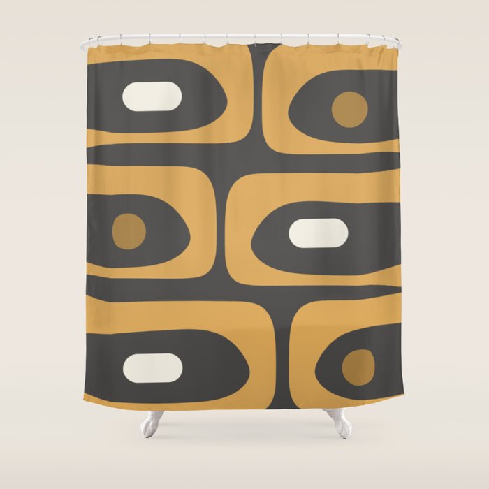 Mid-Century Modern Piquet Minimalist Abstract Pattern in Charcoal Gray, Muted Mustard Gold, and Cream Shower Curtain Gallery Image 1
