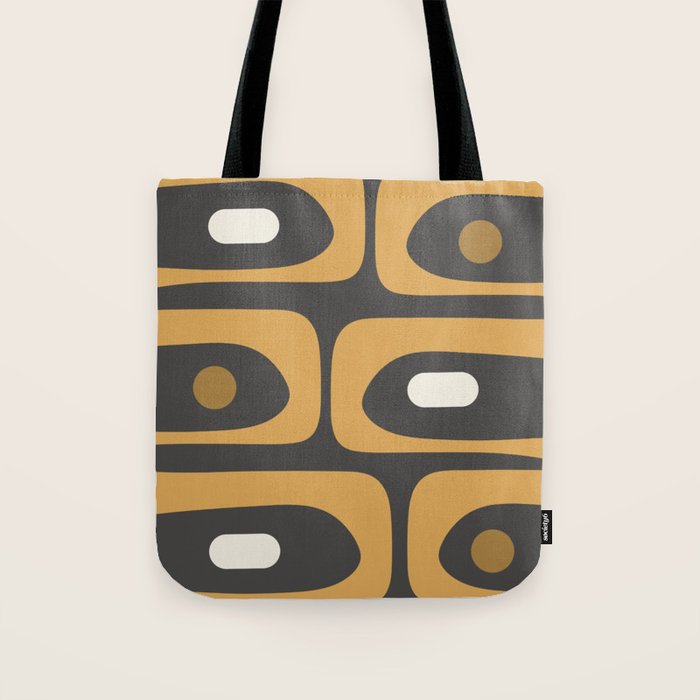 Mid-Century Modern Piquet Minimalist Abstract Pattern in Charcoal Gray, Muted Mustard Gold, and Cream Tote Bag Gallery Image 1