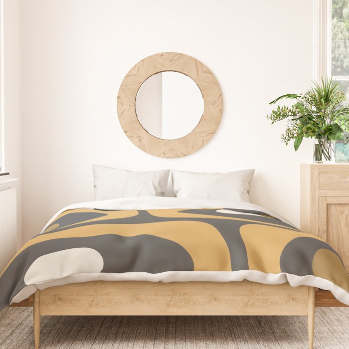 Mid-Century Modern Piquet Minimalist Abstract Pattern in Charcoal Gray, Muted Mustard Gold, and Cream Duvet Cover Gallery Image 3