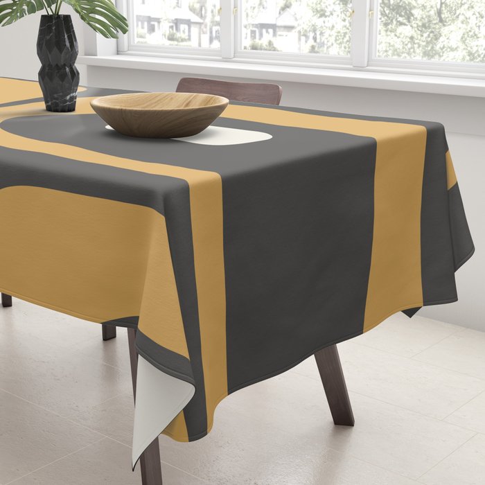Mid-Century Modern Piquet Minimalist Abstract Pattern in Charcoal Gray, Muted Mustard Gold, and Cream Tablecloth Gallery Image 3