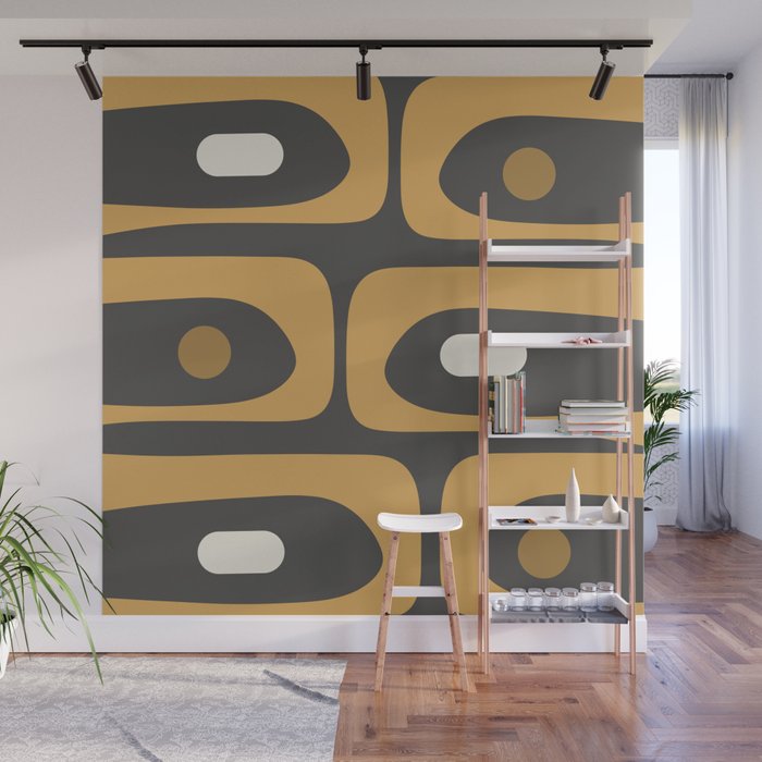 Mid-Century Modern Piquet Minimalist Abstract Pattern in Charcoal Gray, Muted Mustard Gold, and Cream Wall Mural Gallery Image 1