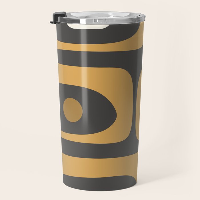 Mid-Century Modern Piquet Minimalist Abstract Pattern in Charcoal Gray, Muted Mustard Gold, and Cream Travel Mug Gallery Image 3