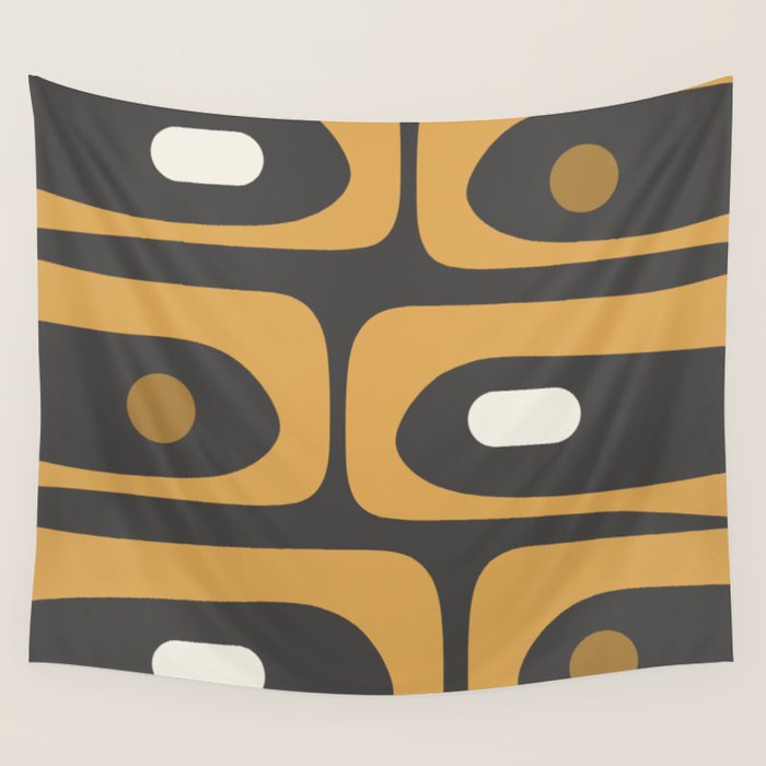 Mid-Century Modern Piquet Minimalist Abstract Pattern in Charcoal Gray, Muted Mustard Gold, and Cream Wall Tapestry Gallery Image 4