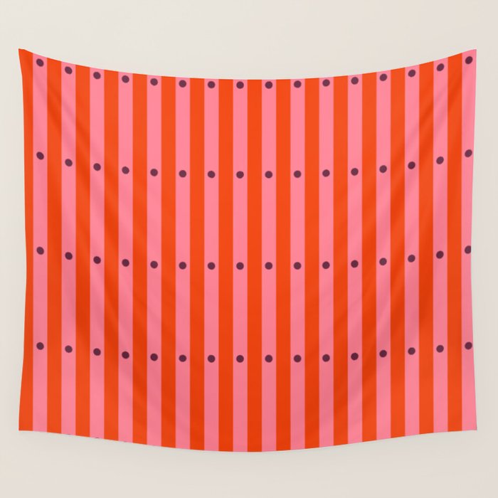 Stripes and Dots geometric pattern red and pink Wall Tapestry Gallery Image 1