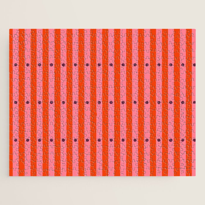 Stripes and Dots geometric pattern red and pink Jigsaw Puzzle Gallery Image 1