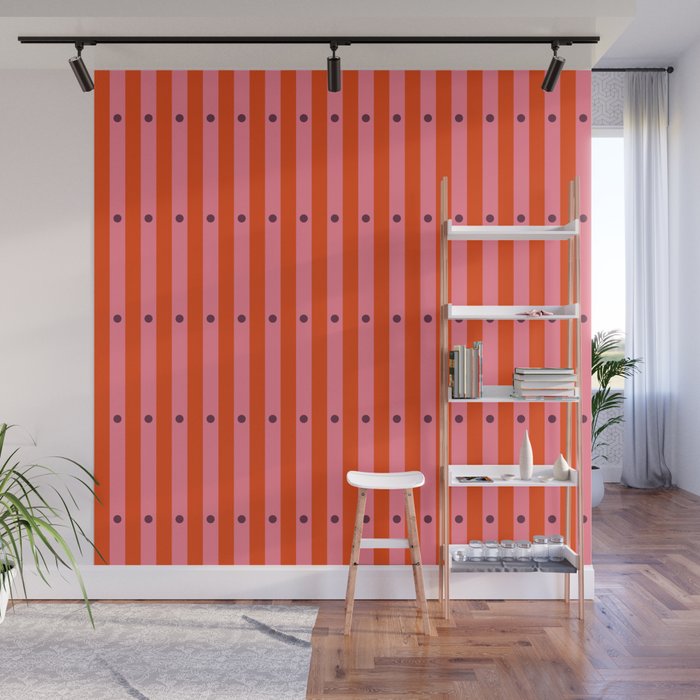 Stripes and Dots geometric pattern red and pink Wall Mural Gallery Image 1