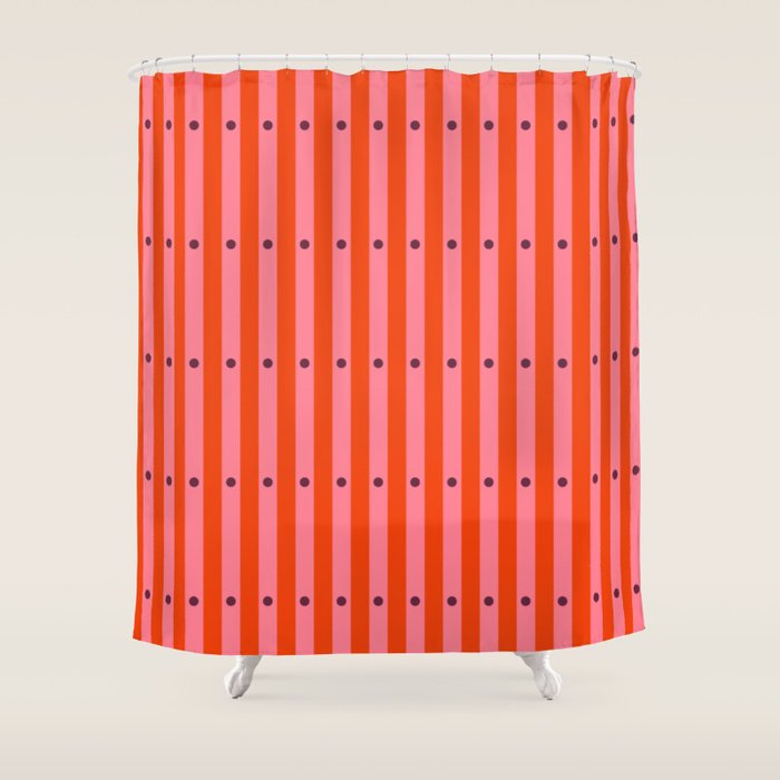 Stripes and Dots geometric pattern red and pink Shower Curtain Gallery Image 1