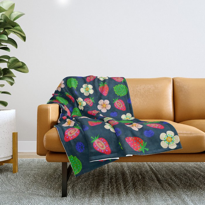 Strawberry magic - navy Throw Blanket Gallery Image 1