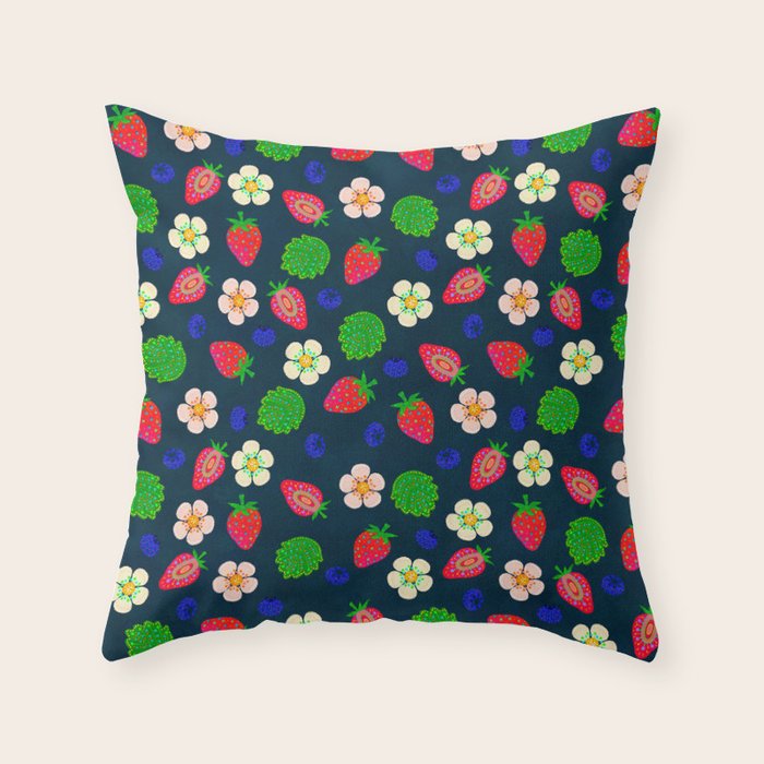 Strawberry magic - navy Throw Pillow Gallery Image 1
