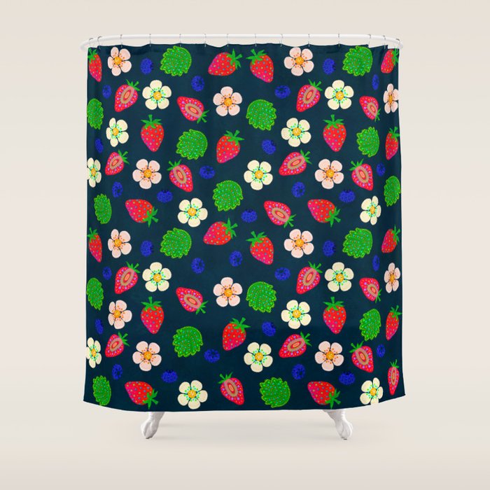 Strawberry magic - navy Shower Curtain Gallery Image 1