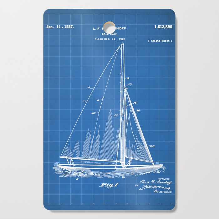 Sailboat Patent - Yacht Art - Blueprint Cutting Board Gallery Image 1