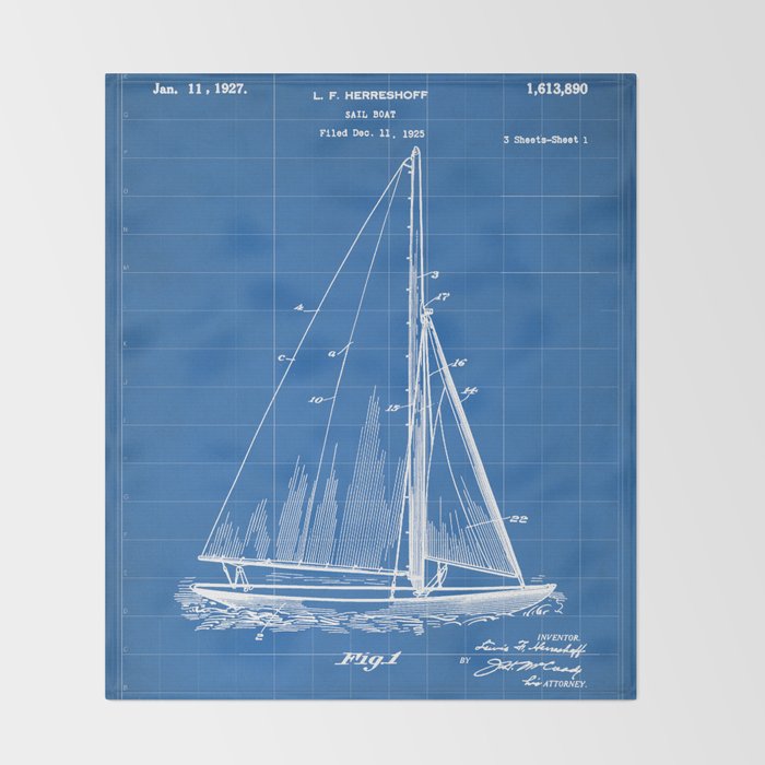 Sailboat Patent - Yacht Art - Blueprint Throw Blanket Gallery Image 2