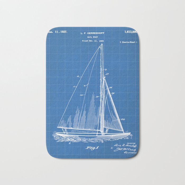 Sailboat Patent - Yacht Art - Blueprint Bath Mat Gallery Image 1