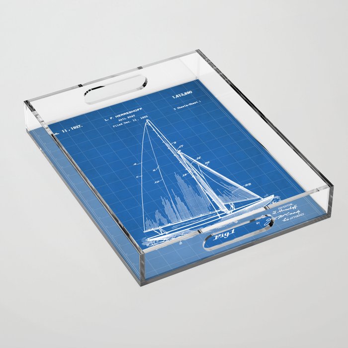 Sailboat Patent - Yacht Art - Blueprint Acrylic Tray Gallery Image 1