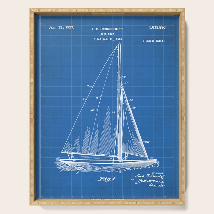 Sailboat Patent - Yacht Art - Blueprint Serving Tray Gallery Image 1