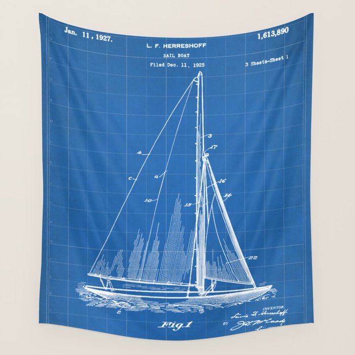 Sailboat Patent - Yacht Art - Blueprint Wall Tapestry Gallery Image 4