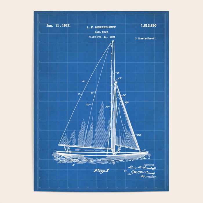 Sailboat Patent - Yacht Art - Blueprint Poster Gallery Image 1