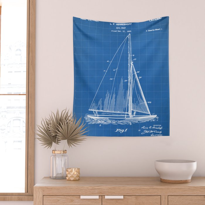 Sailboat Patent - Yacht Art - Blueprint Wall Tapestry Gallery Image 2