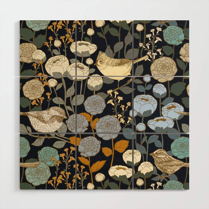 Winter Garden Birds Black Wood Wall Art Gallery Image 1