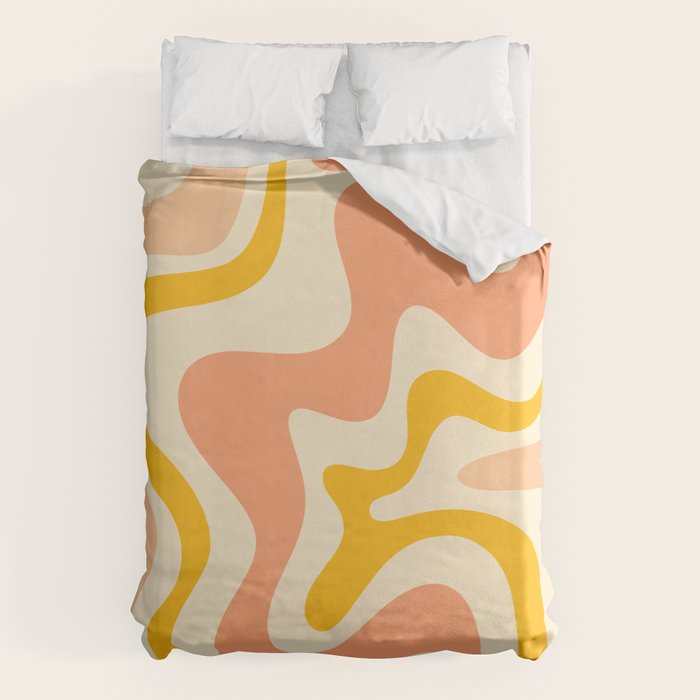Retro Liquid Swirl Abstract Pattern in Mustard Yellow and Warm Peach Blush Tones Duvet Cover Gallery Image 6