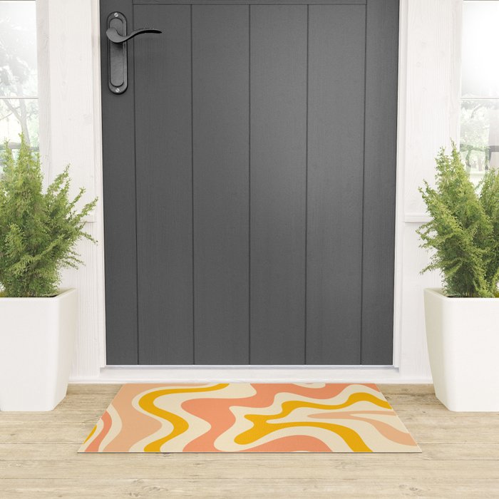 Retro Liquid Swirl Abstract Pattern in Mustard Yellow and Warm Peach Blush Tones Welcome Mat Gallery Image 3