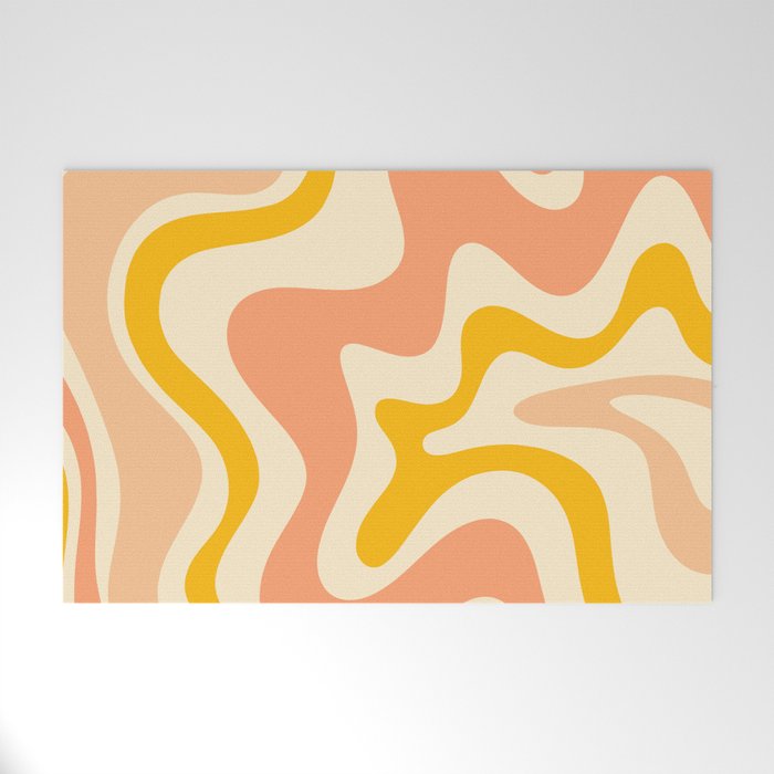 Retro Liquid Swirl Abstract Pattern in Mustard Yellow and Warm Peach Blush Tones Welcome Mat Gallery Image 1