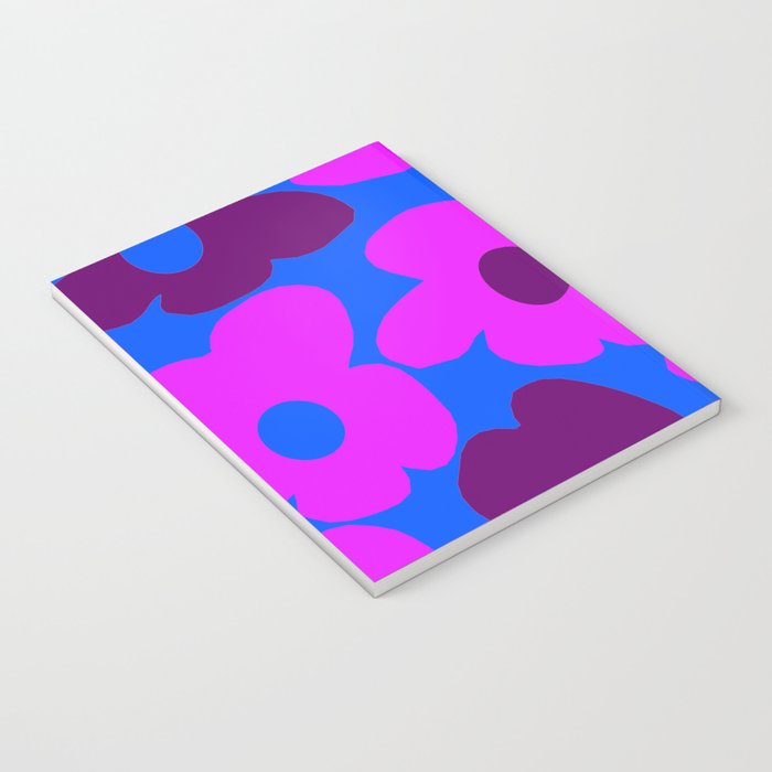Large Pink and Purple Retro Flowers Blue Background #decor #society6 #buyart Notebook Gallery Image 3