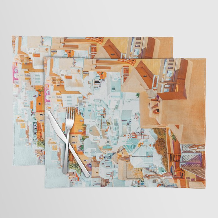 Santorini Vacay | Greece Summer Travel Architecture Buildings | Pastel Beachy Cityscape Photography Placemat Gallery Image 1