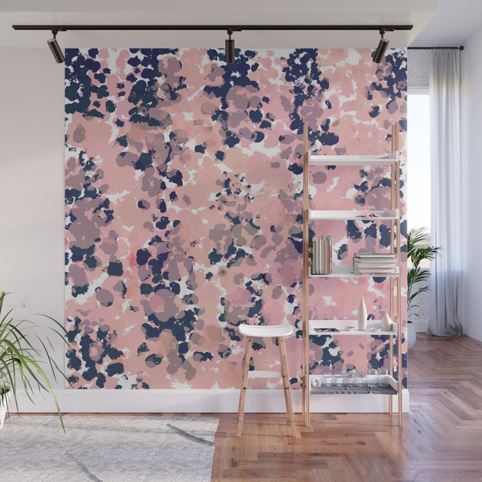 Smudgy Painted Abstract Pattern in Navy Blue, Pink, and Blush on White Wall Mural Gallery Image 1
