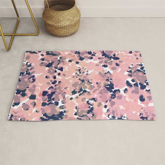 Smudgy Painted Abstract Pattern in Navy Blue, Pink, and Blush on White Rug Gallery Image 1