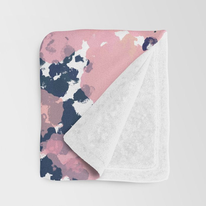 Smudgy Painted Abstract Pattern in Navy Blue, Pink, and Blush on White Throw Blanket Gallery Image 3