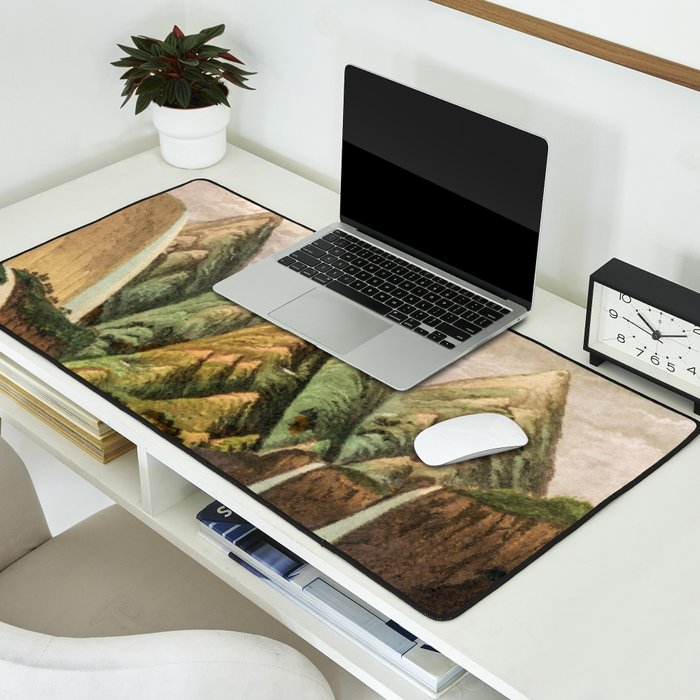Departing in Dreams - Mountain and Waterfalls - Nature Landscape in Green, Brown, Blue Desk Mat Gallery Image 2