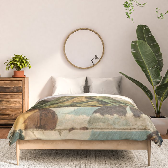 Departing in Dreams - Mountain and Waterfalls - Nature Landscape in Green, Brown, Blue Comforter Gallery Image 3