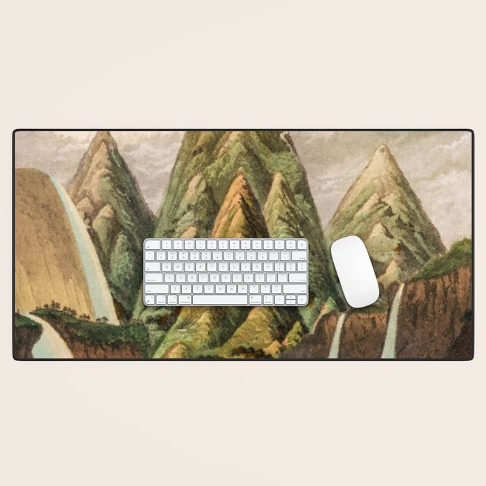 Departing in Dreams - Mountain and Waterfalls - Nature Landscape in Green, Brown, Blue Desk Mat Gallery Image 1