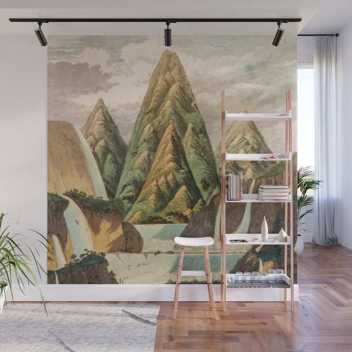 Departing in Dreams - Mountain and Waterfalls - Nature Landscape in Green, Brown, Blue Wall Mural Gallery Image 1