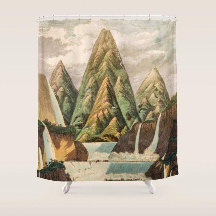 Departing in Dreams - Mountain and Waterfalls - Nature Landscape in Green, Brown, Blue Shower Curtain Gallery Image 1