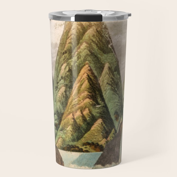 Departing in Dreams - Mountain and Waterfalls - Nature Landscape in Green, Brown, Blue Travel Mug Gallery Image 1