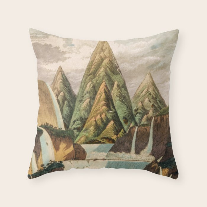 Departing in Dreams - Mountain and Waterfalls - Nature Landscape in Green, Brown, Blue Throw Pillow Gallery Image 6
