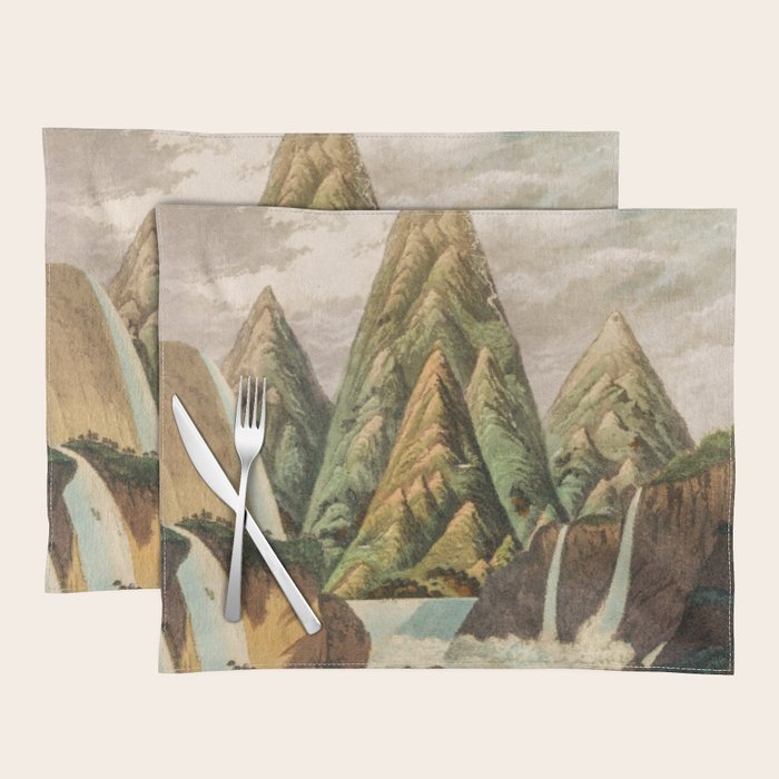 Departing in Dreams - Mountain and Waterfalls - Nature Landscape in Green, Brown, Blue Placemat Gallery Image 1