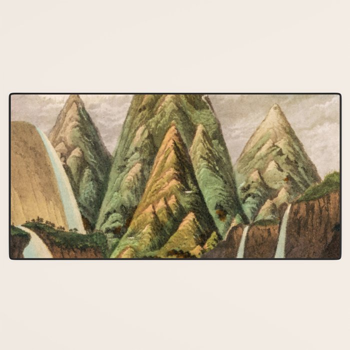 Departing in Dreams - Mountain and Waterfalls - Nature Landscape in Green, Brown, Blue Desk Mat Gallery Image 3