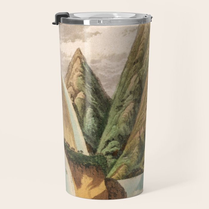 Departing in Dreams - Mountain and Waterfalls - Nature Landscape in Green, Brown, Blue Travel Mug Gallery Image 3