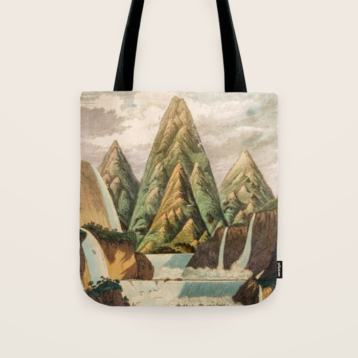 Departing in Dreams - Mountain and Waterfalls - Nature Landscape in Green, Brown, Blue Tote Bag Gallery Image 1