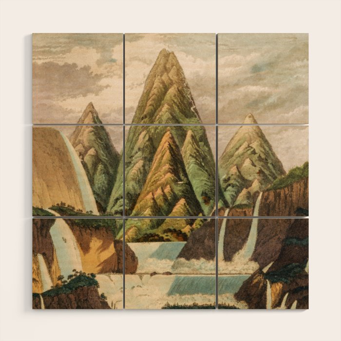 Departing in Dreams - Mountain and Waterfalls - Nature Landscape in Green, Brown, Blue Wood Wall Art Gallery Image 1